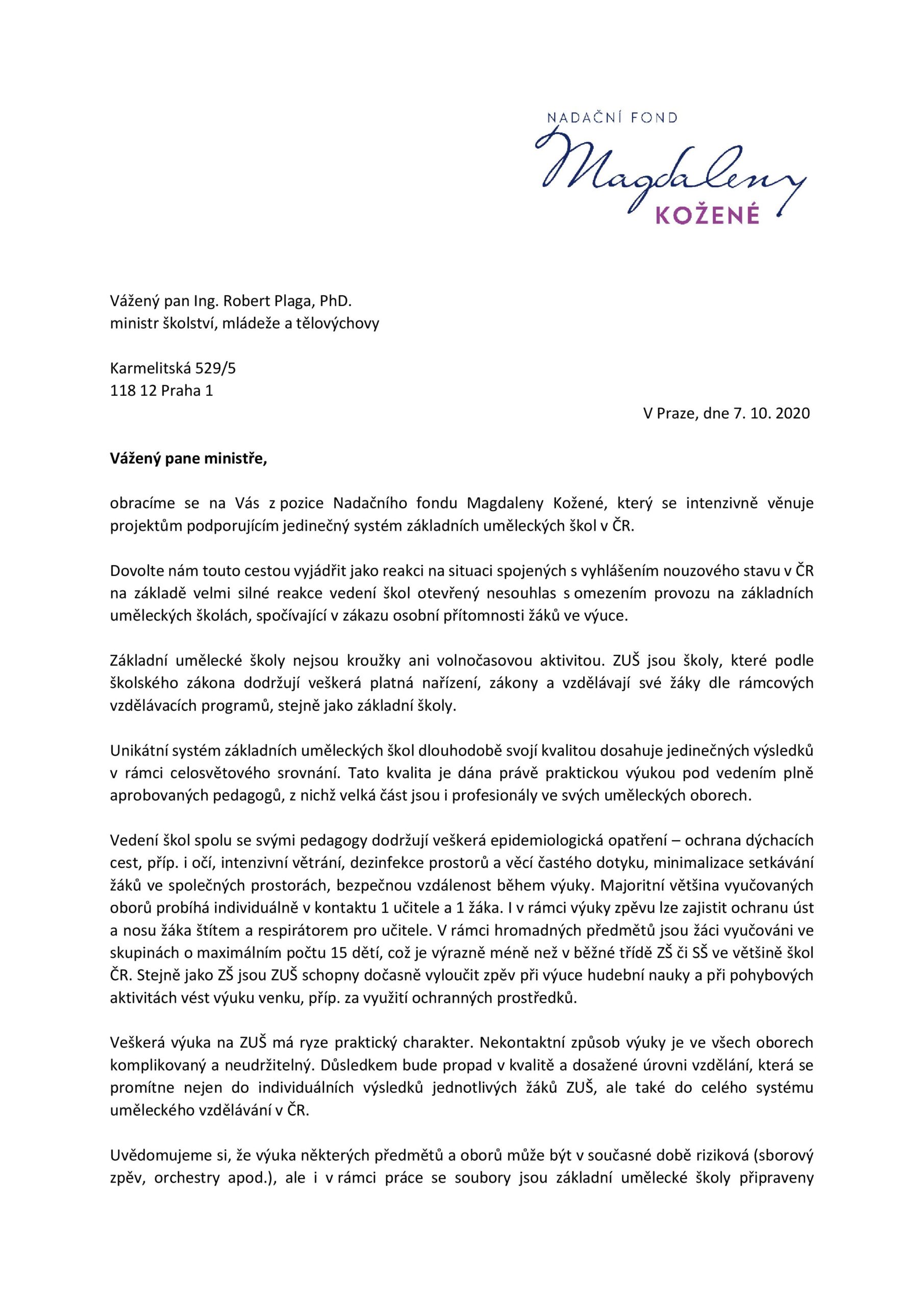 Dopis ministrovi školství