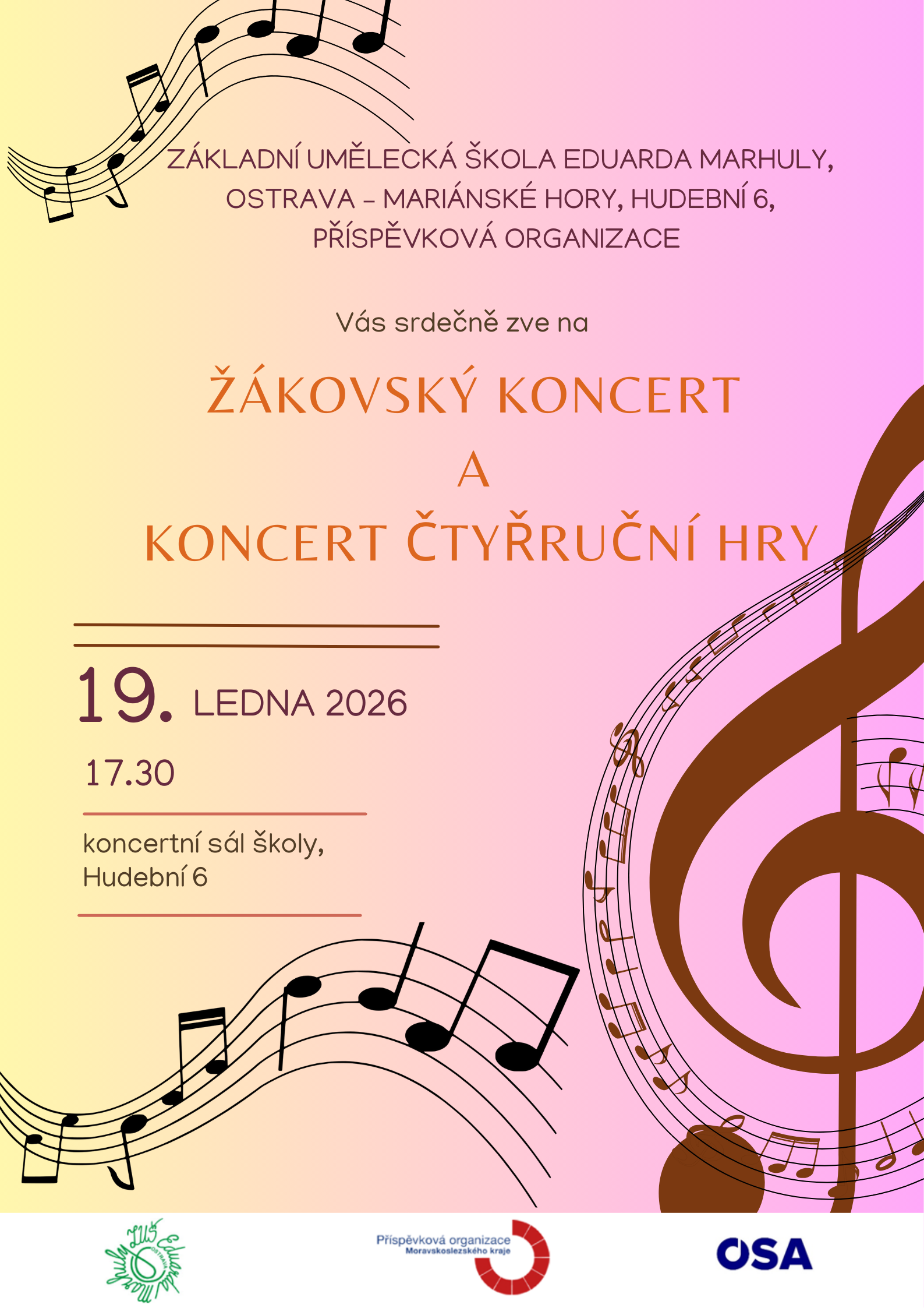 Srdečně zveme na Žákovský koncert a koncert čtyřruční hry v pondělí 19.01.2026 od 17.30 hodin