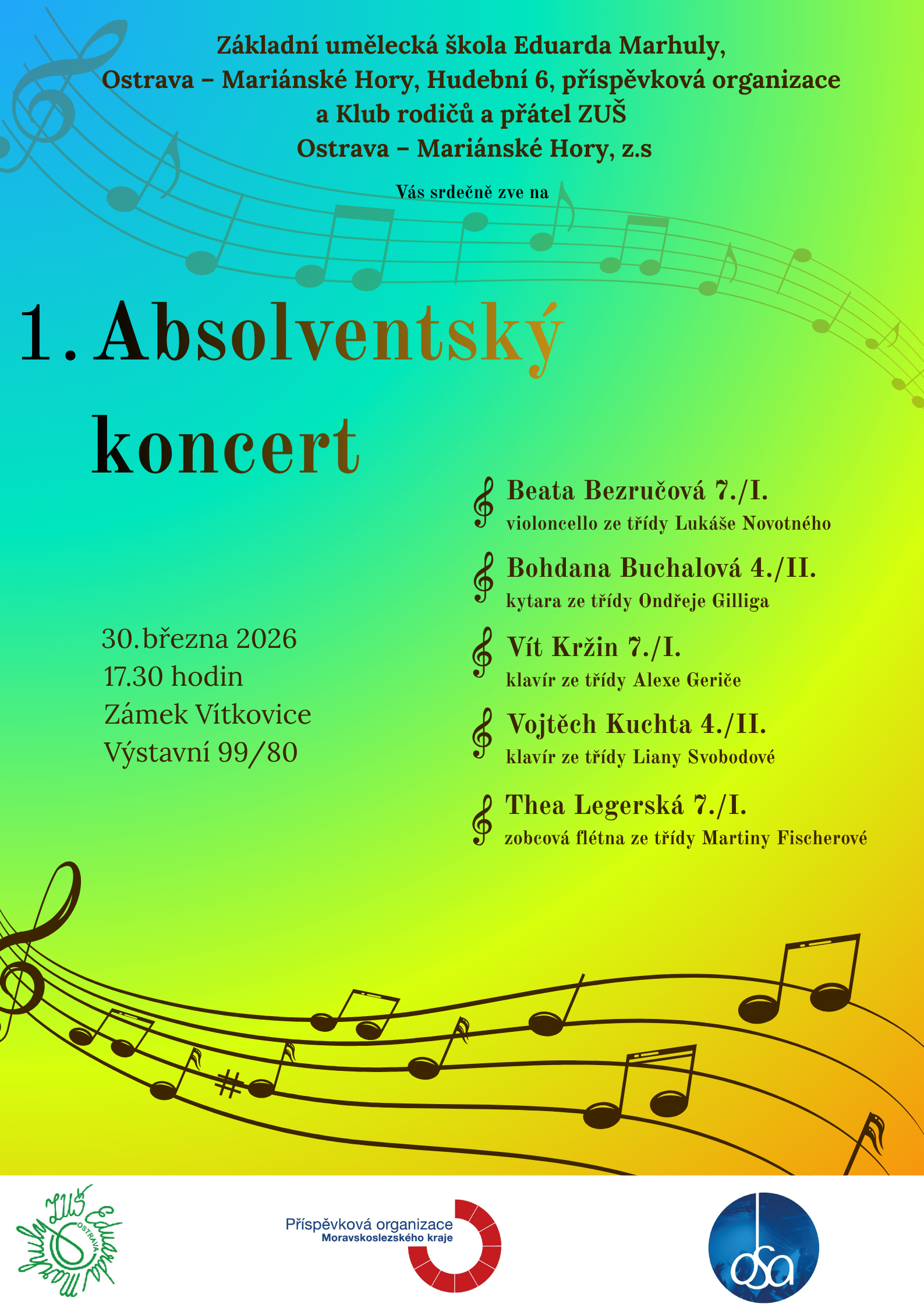 Srdečně zveme na 1. Absolventský koncert, v pondělí 30.03.2026 od 17.30 hodin