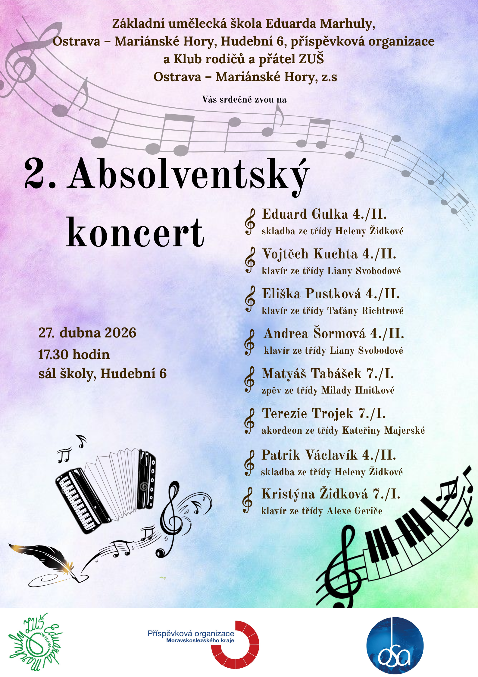 Srdečně zveme na 2. Absolventský koncert 27. 4. 2026 v 17:30